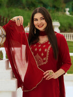 ANNI DESIGNER Ladies Cotton Blend Kurta with Trousers and Dupatta, dark red, M