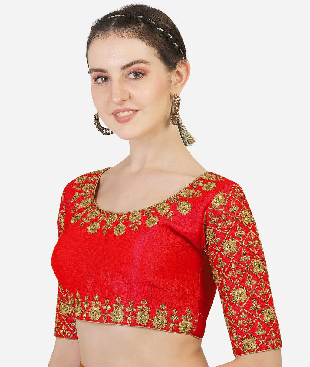 Pujia Mills Womens Silk Embroidery Half Sleeve Readymade Blouse