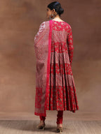 Libas Womens Printed Cotton A-Line Kurta With Churidar And Dupatta