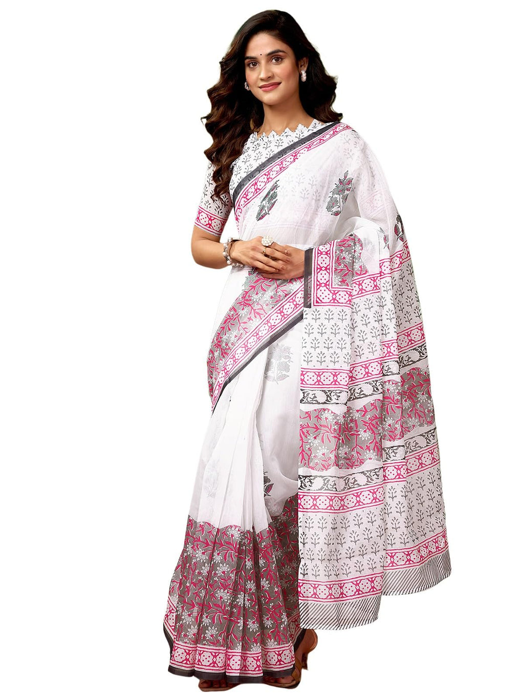 Satrani WomenS Chanderi Cotton Printed Ready To Wear One Minute Pre Pleated Readymade Saree With Unstitched Blouse Piece (32Rs2
