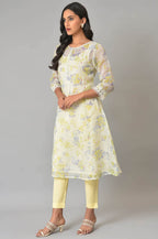 W Ecru Floral Printed Synthetic Lace Regular Kurta For Women