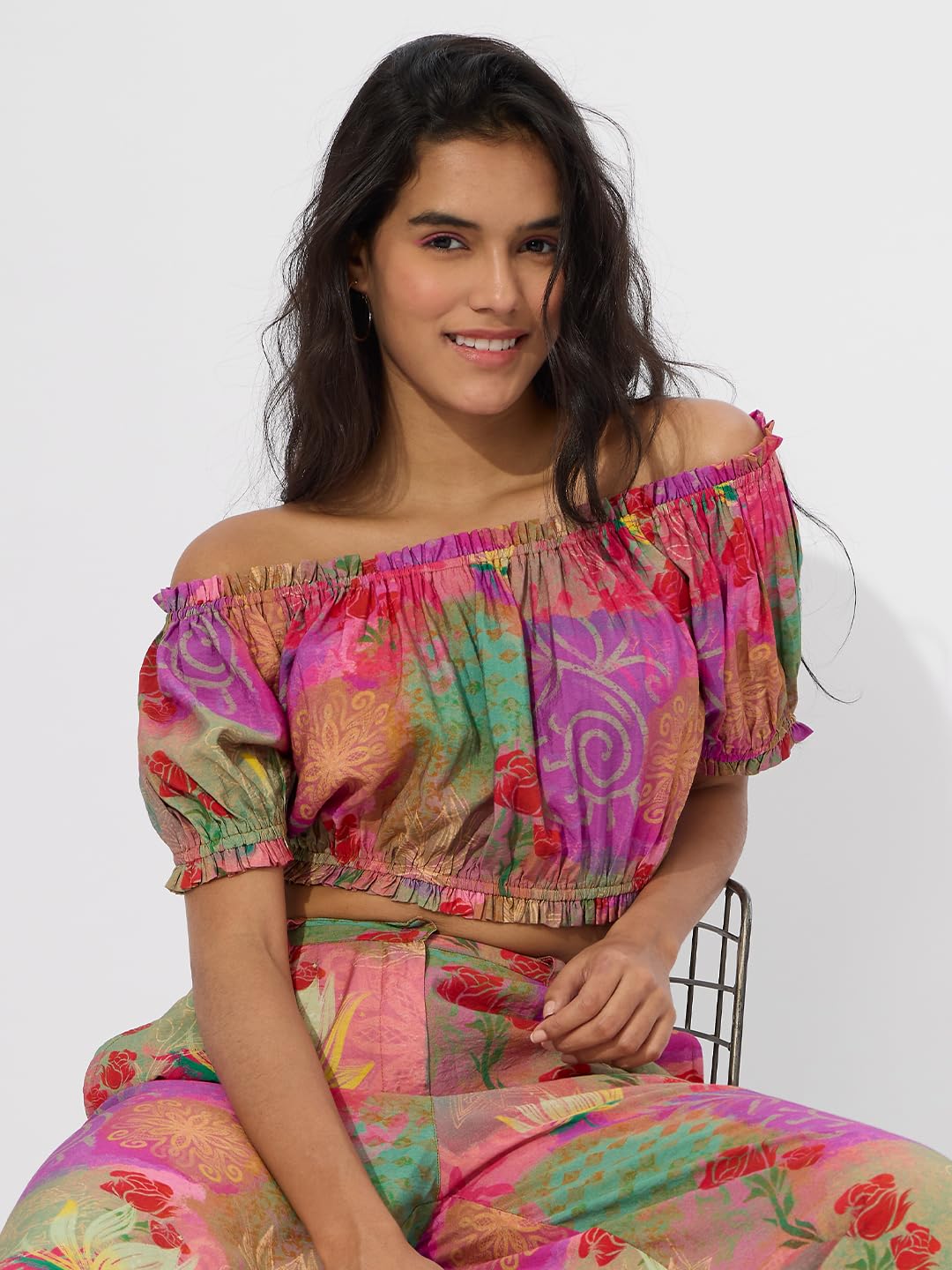 The Souled Store Faded Rose Women and Girls Off Shoulder Short Sleeves All Over Printed Viscose Blend Regular Fit Cropped Tops