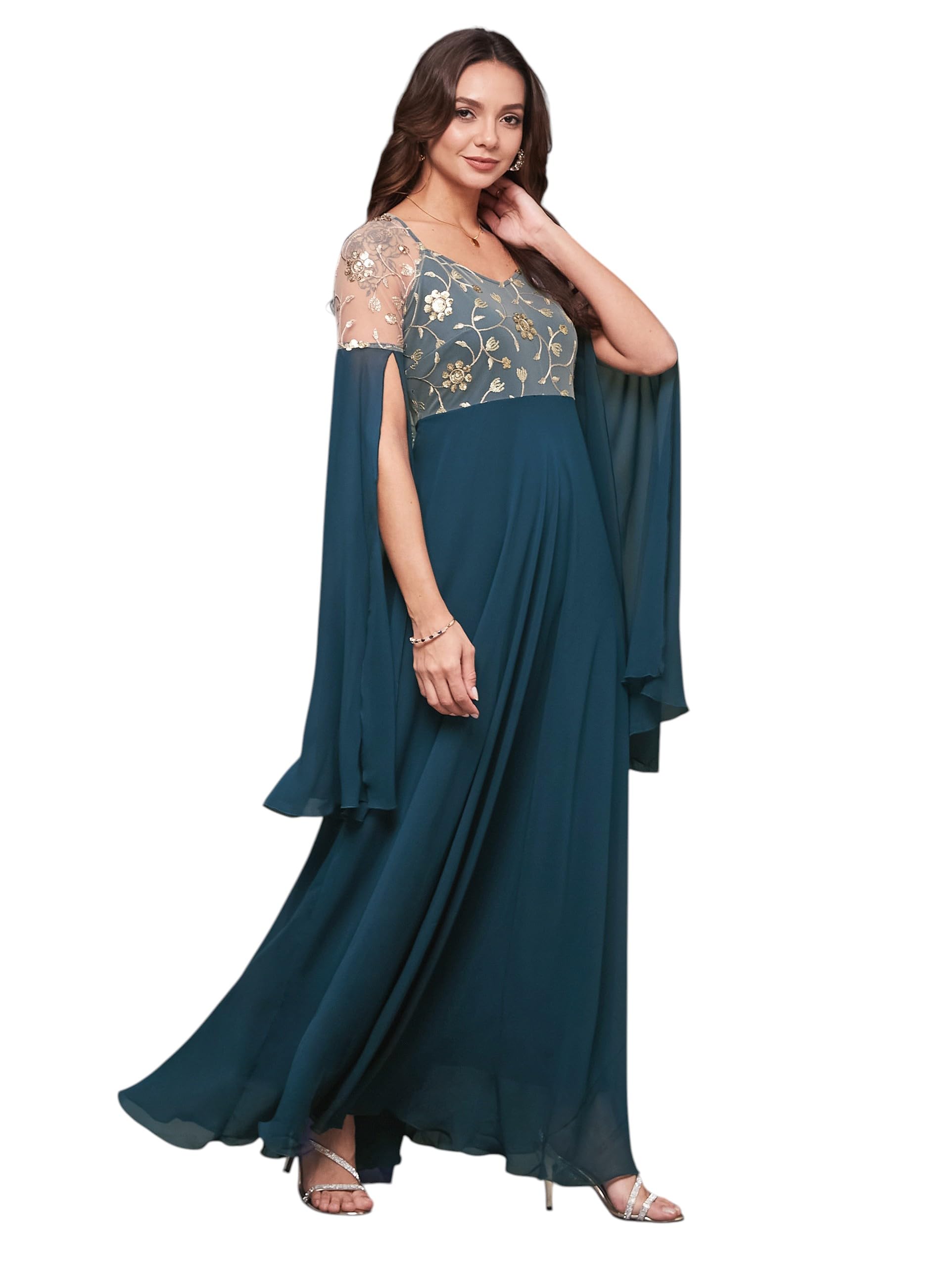 Miss Chase Womens V-Neck Full Sleeve Fit & Flare Maxi Dress (MCSS25D91-88-759-05, Pine Teal, L)