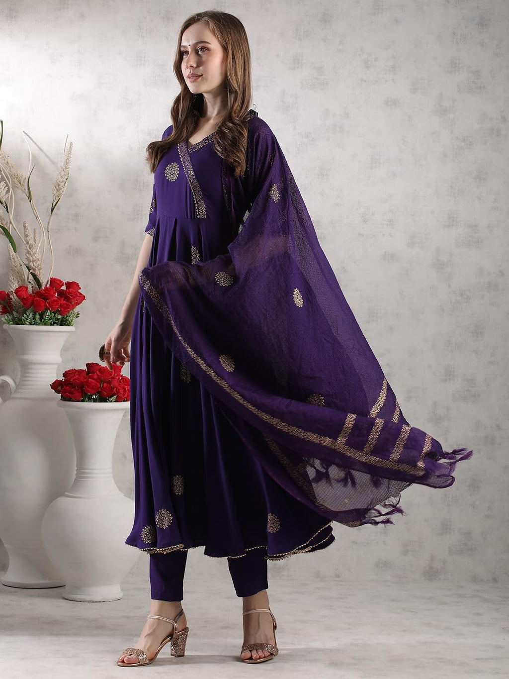 ANNI DESIGNER Womens Rayon Blend Anarkali Printed Kurta with Pant & Dupatta (Berlin BEGANI-VKS05_S_Begani_Small)