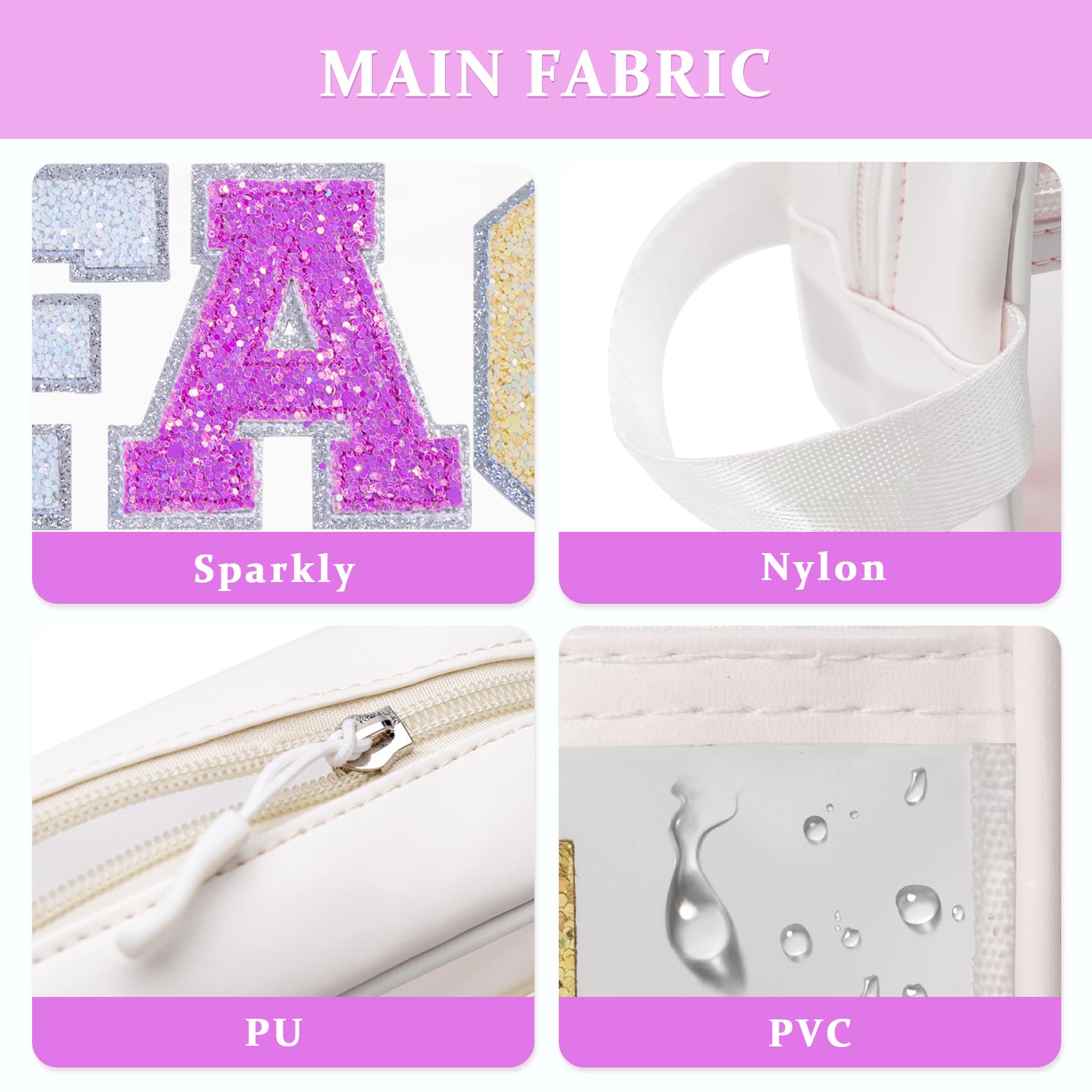 COSHAYSOO Clear Preppy Patch Makeup Bag Cosmetic Pouch with Glitter Bling Letters for Women Teen Girls Sister, Make Up Travel St