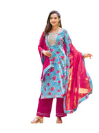 Sanisa Women'S Velvet Digital Printed Straight Kurta With Pant And Lace Work Dupatta (90Kbd992Nz-S_Sky Blue)