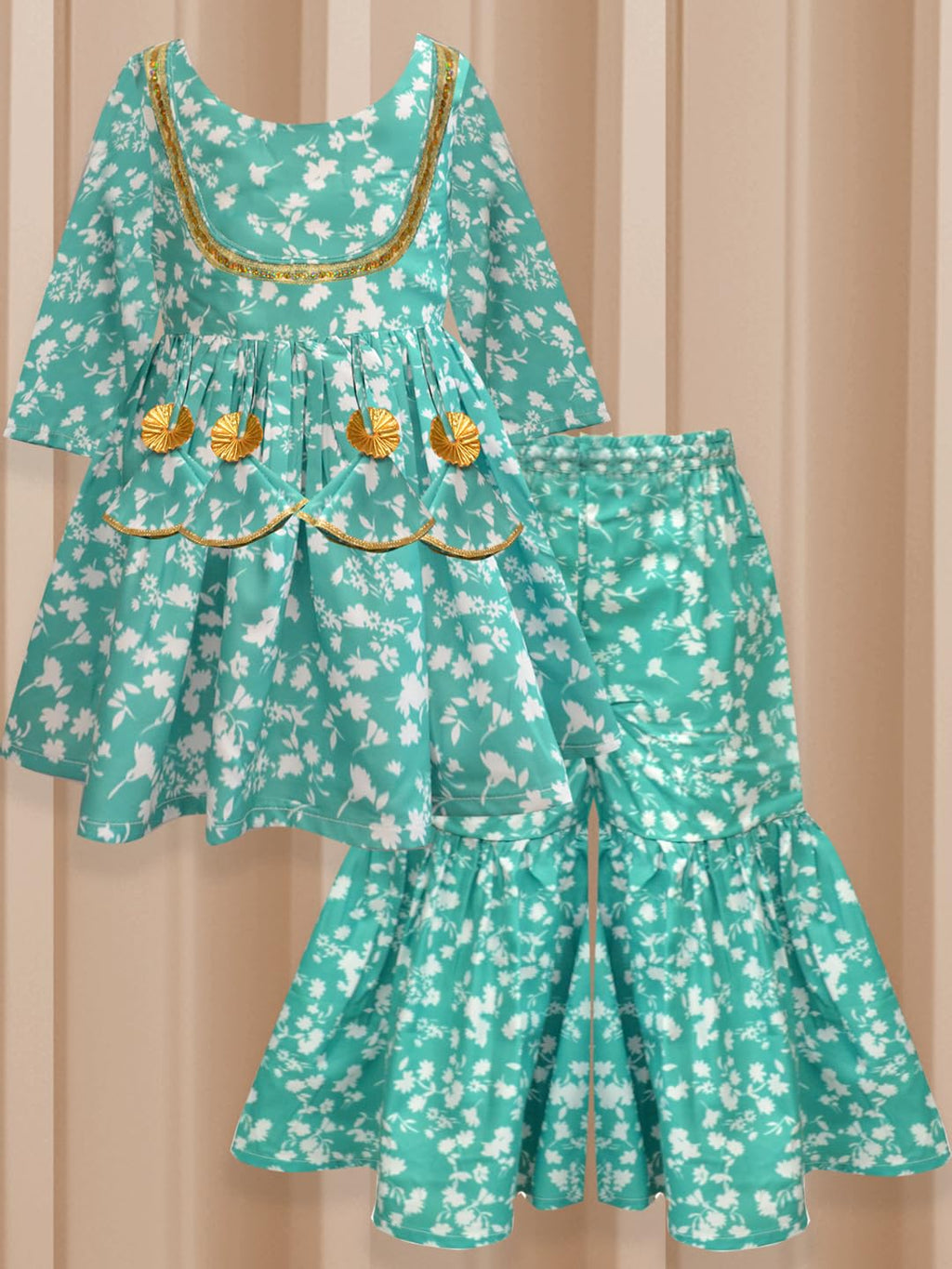 A.T.U.N. (All Things Uber Nice) A.T.U.N. Girls Ethnic Wear Sharara | Floral Green Printed Kurta With Sharara Set For Girls