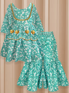 A.T.U.N. (All Things Uber Nice) A.T.U.N. Girls Ethnic Wear Sharara | Floral Green Printed Kurta With Sharara Set For Girls