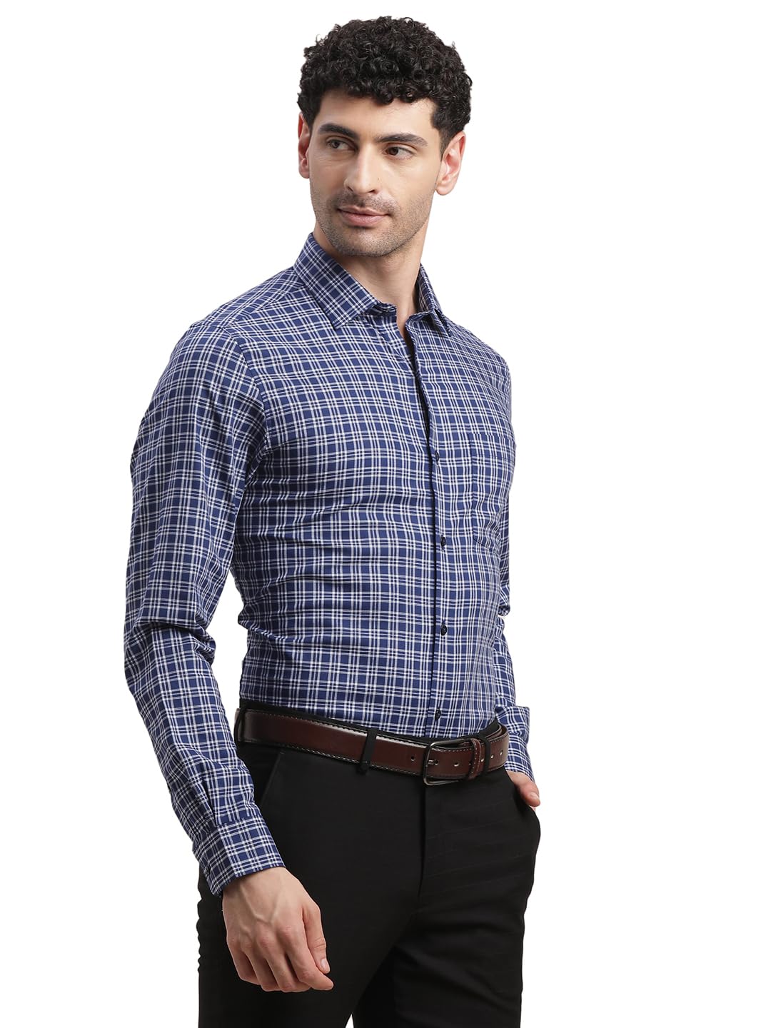 Turtle Men 100% Cotton Slim Fit Blue Checkered Formal Shirt