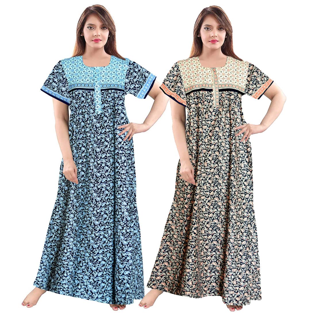 Nandini WomenS Cotton Nightwear Maternity Maxi Gown (Pack Of 2 Pcs,) Orange,Blue