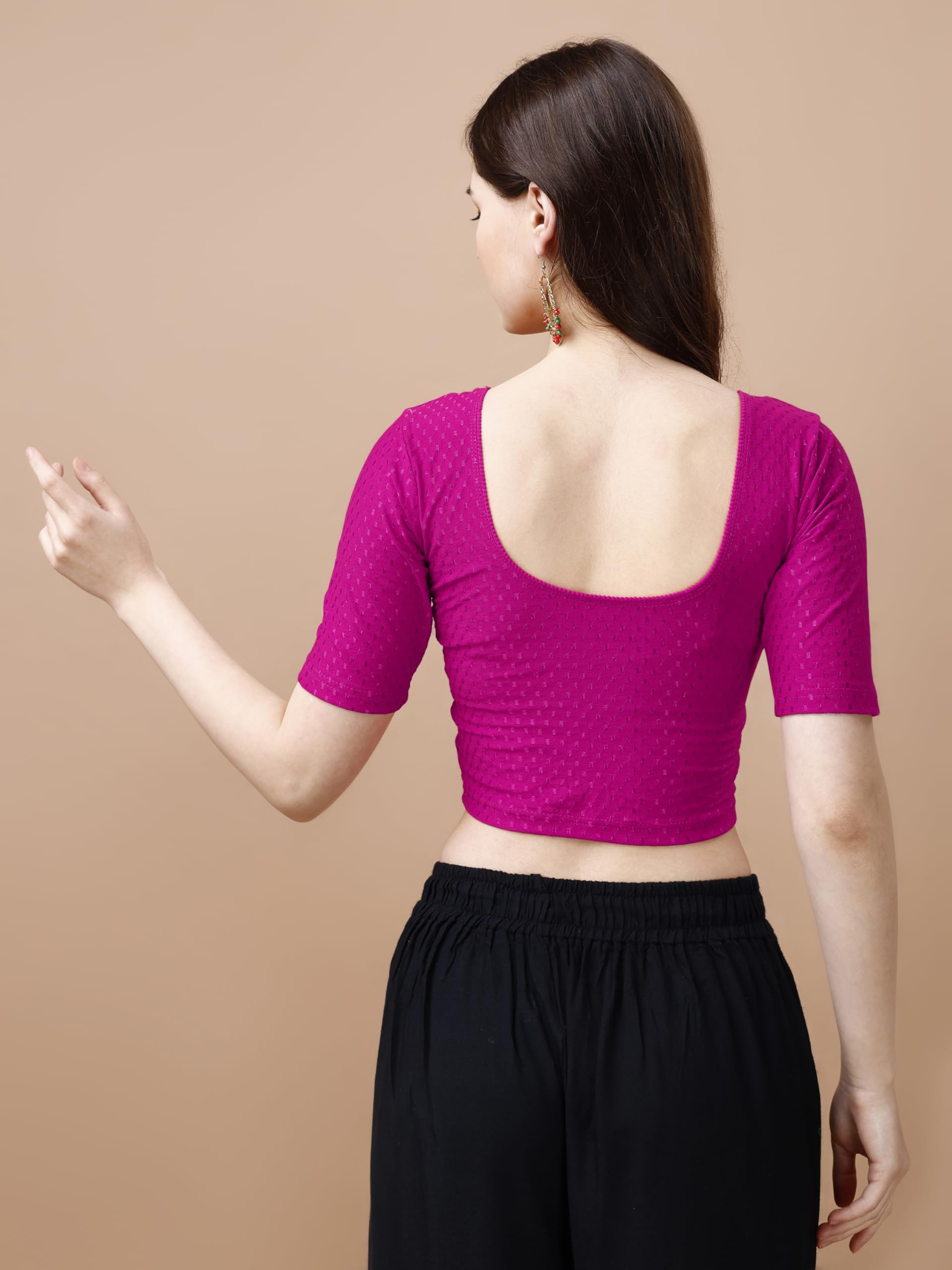 Pujia Mills Womens Readymade Dobby Cotton Lycra Stretchable Round Neck Half Sleeve Blouse Fancy Pink Color Lycra Stretchable Bl