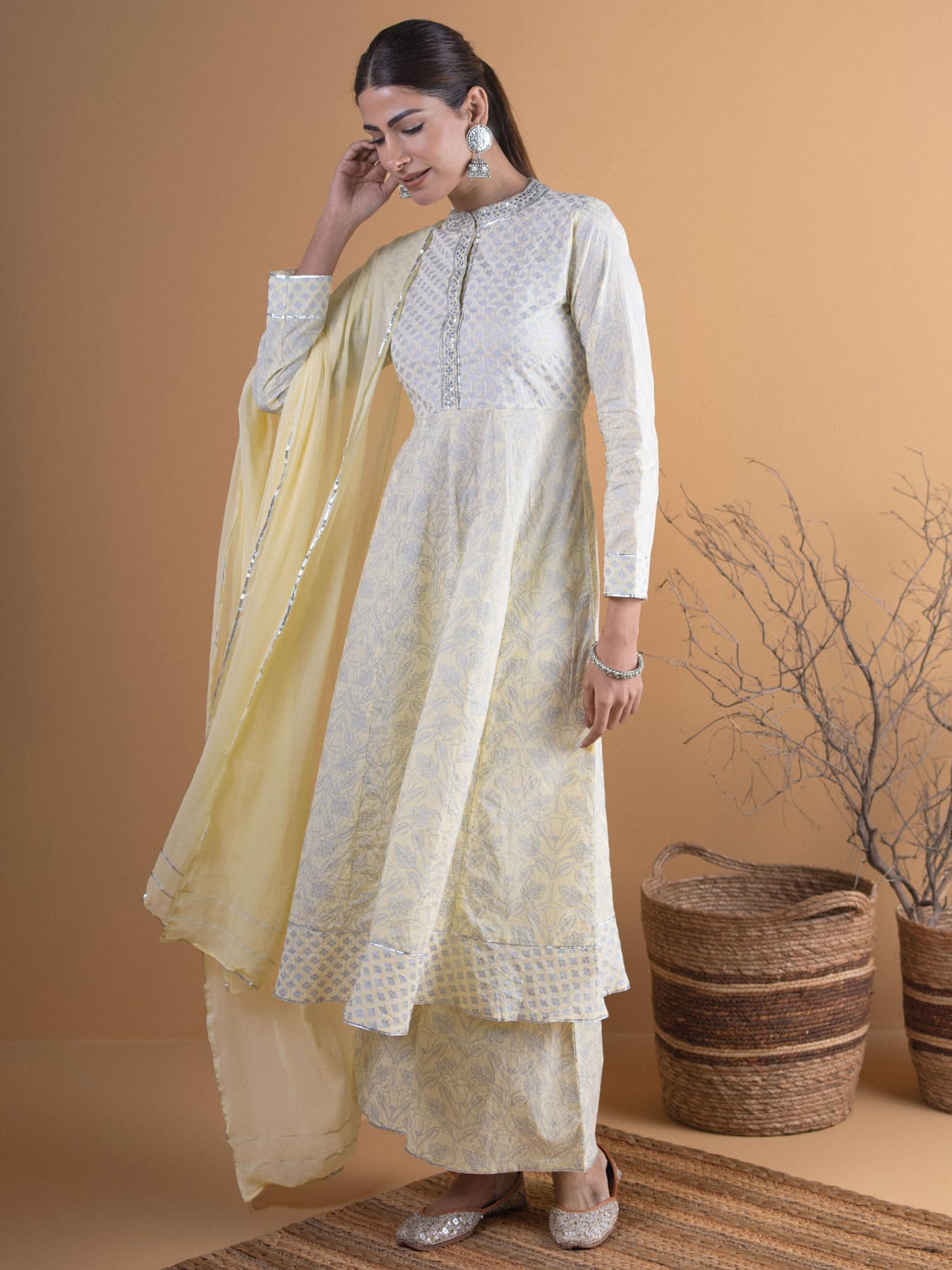 Libas Womens Silk Blend Kurta Set (5717_Yellow