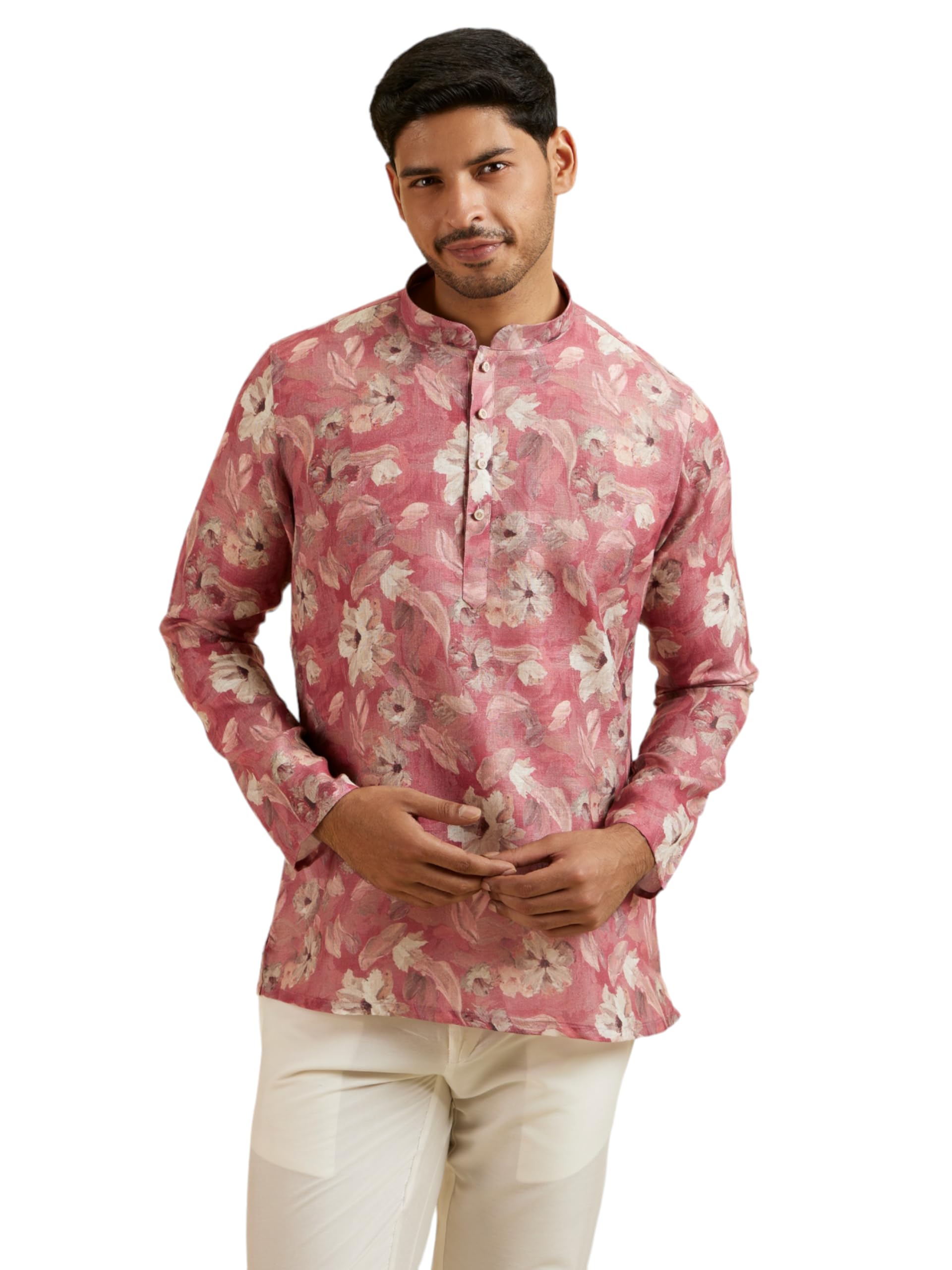 Manyavar Mens Viscose Blend Floral Print Short Kurta (Coral,XXL)