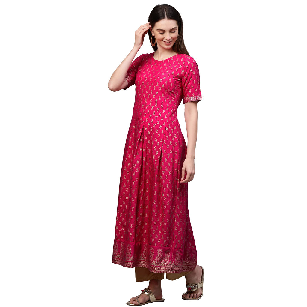 Anni Designer Women'S Rayon Printed Anarkali Kurta (Ninecolor Pink-Sty)