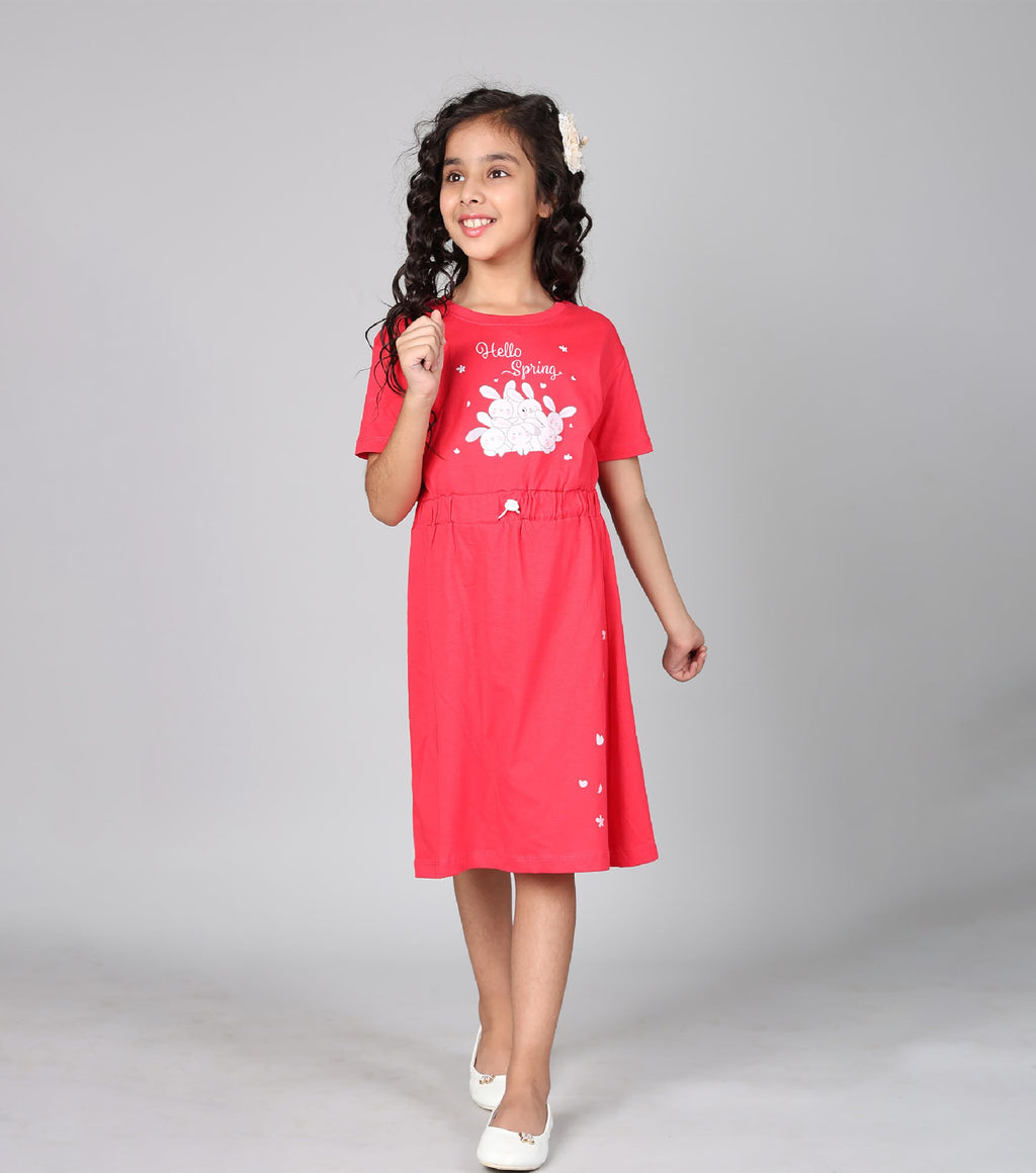 Kyda Kids 100% Pure Cotton Printed Round Neck Regular Fit Short Sleeve Long Top For Girls (Pack Of 1)