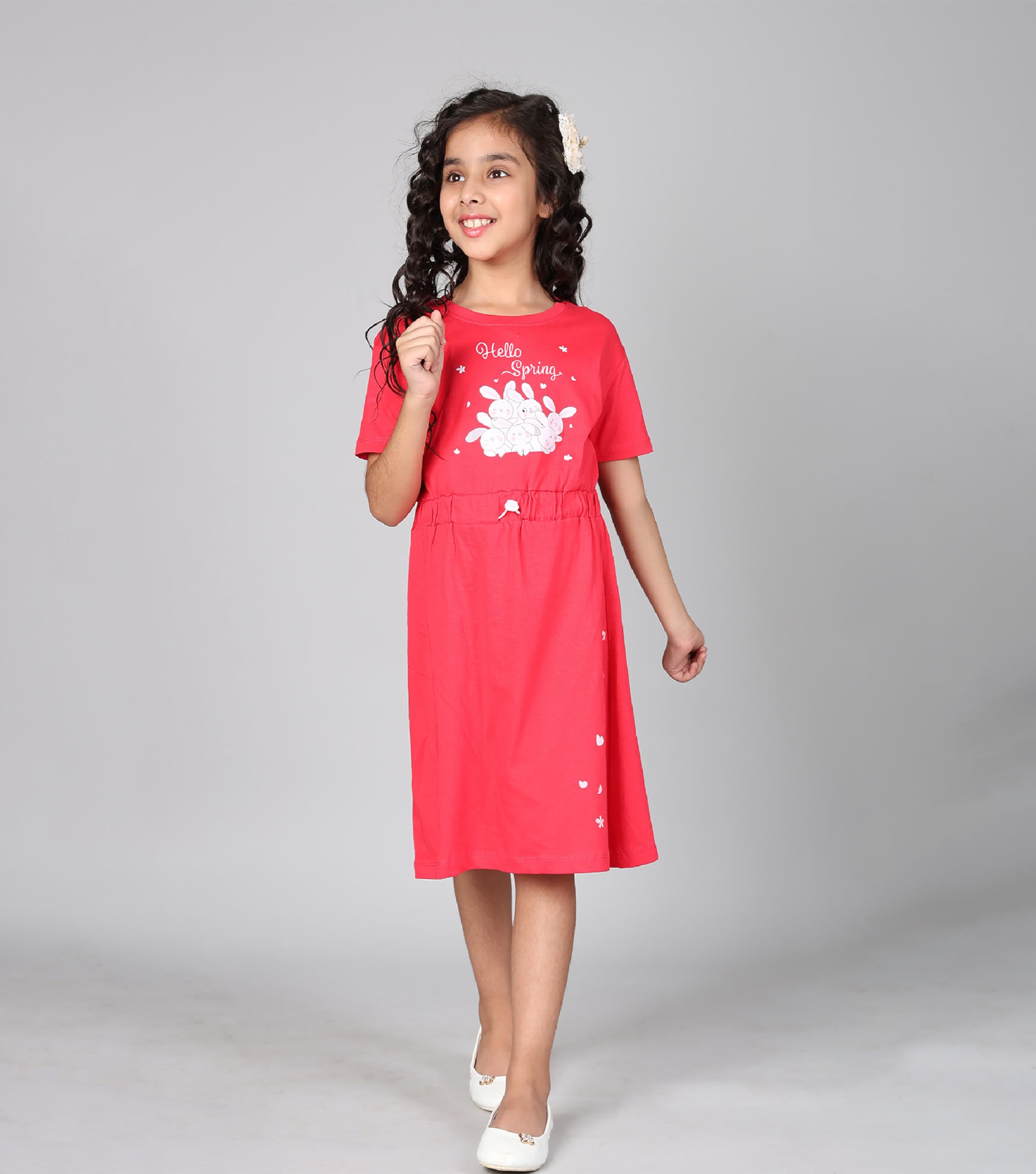 Kyda Kids 100% Pure Cotton Printed Round Neck Regular Fit Short Sleeve Long Top For Girls (Pack Of 1)