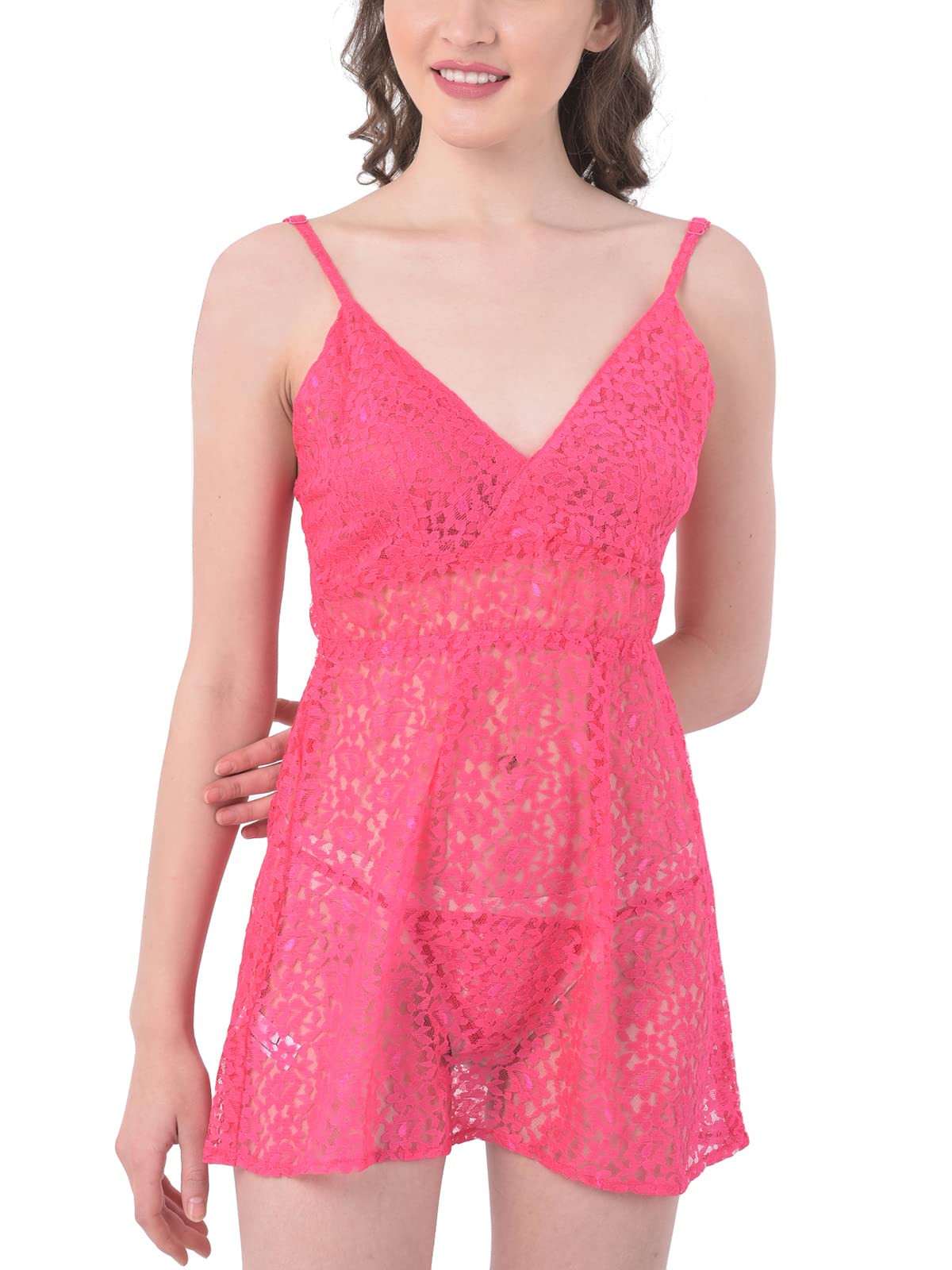 Clovia WomenS Lace Bridal Babydoll With Matching Thong (Ns1300P22_Pink_L)