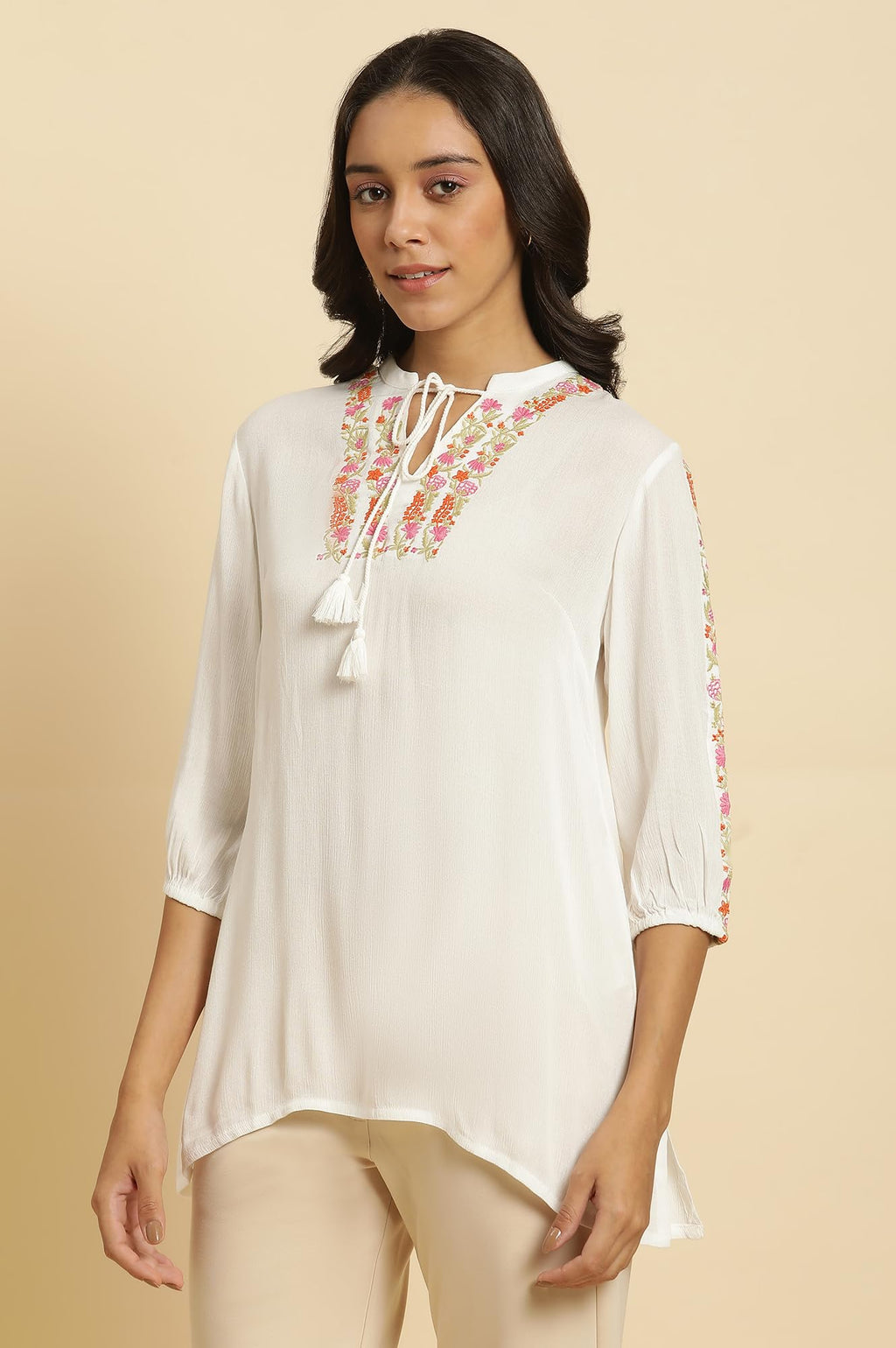 W Ecru Embroidered Rayon Tunic Top For Women