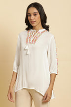 W Ecru Embroidered Rayon Tunic Top For Women