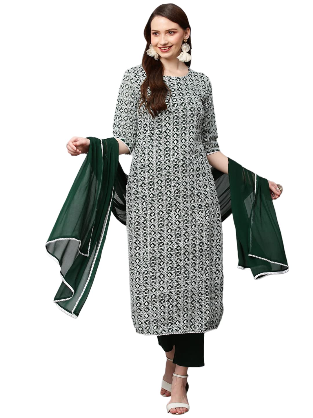 ANNI DESIGNER Womens Cotton Blend Printed Straight Kurta with Pant & Dupatta (KARAGA-Green_XXL_Green_XX-Large)