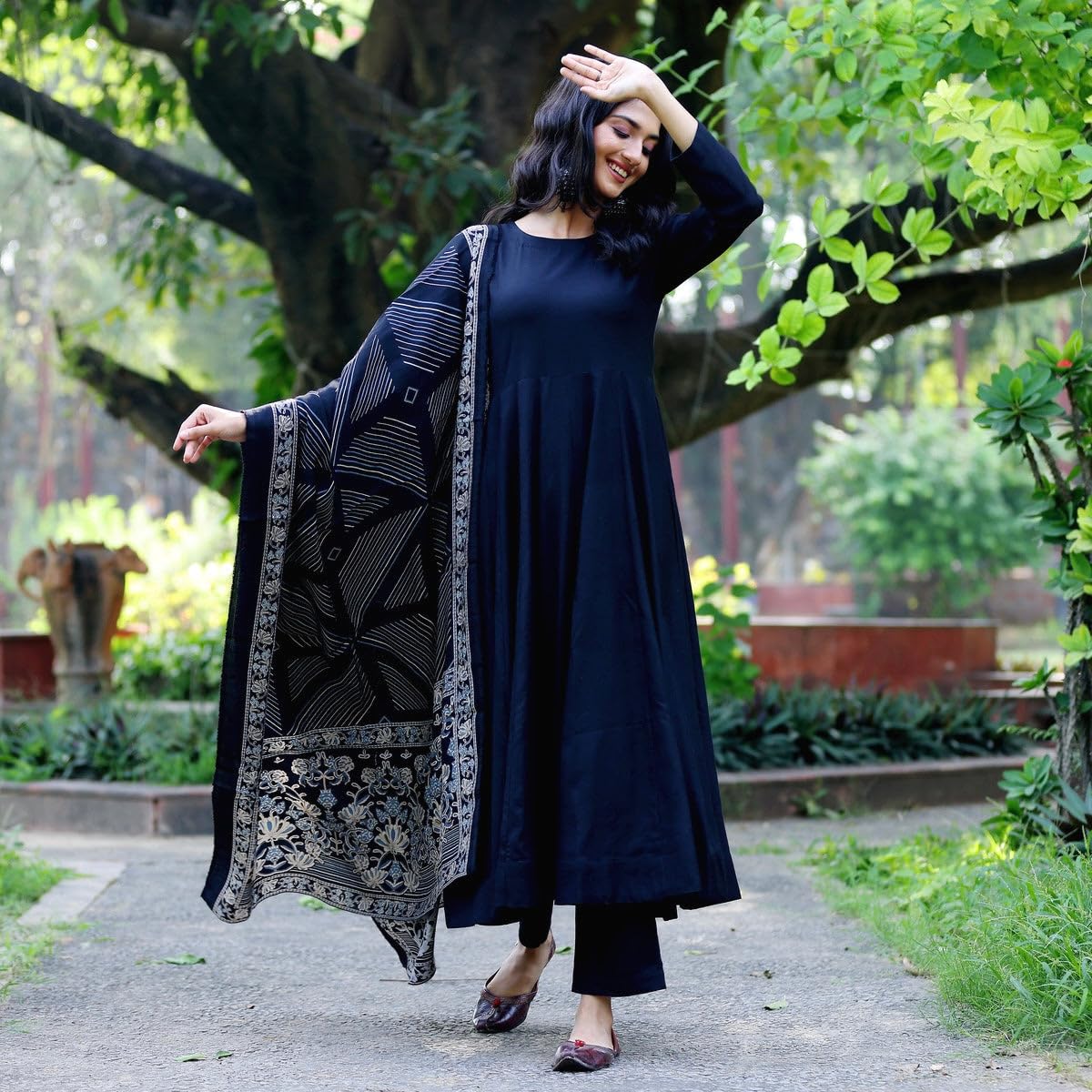 ANNI DESIGNER Women s Anarkali Plain Rayon Blend with Trousers and Dupatta, Light Brown::Blue, S