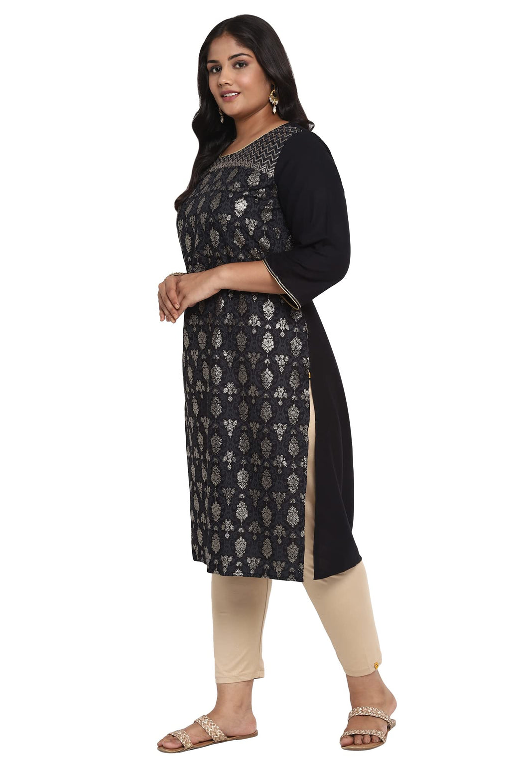 Aurelia Women'S Viscose Black Ornamental Round Neck Straight Kurta
