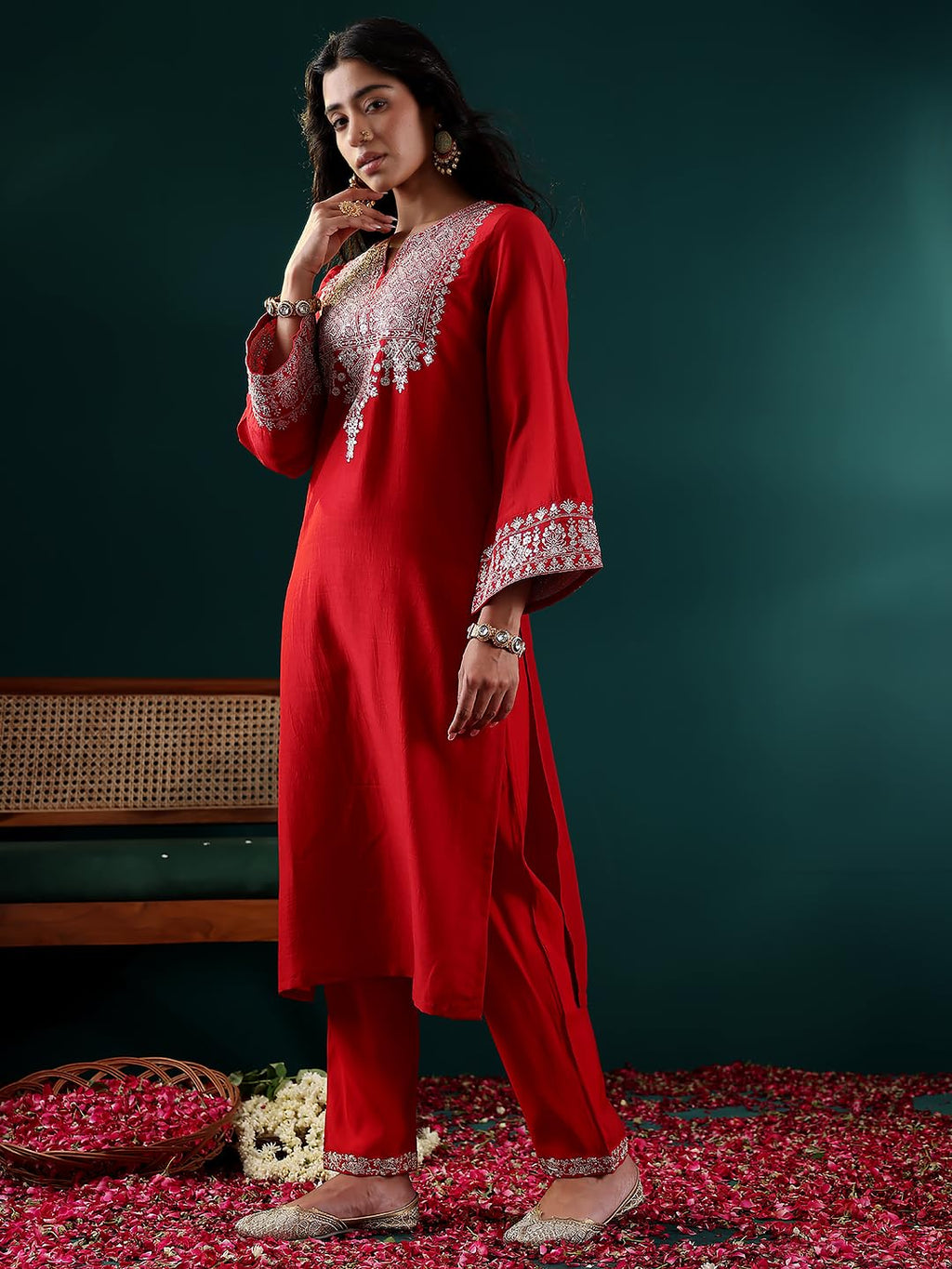 Varanga Women Red Embroidered Straight Kurta Paired With Tonal Bottom And Dupatta