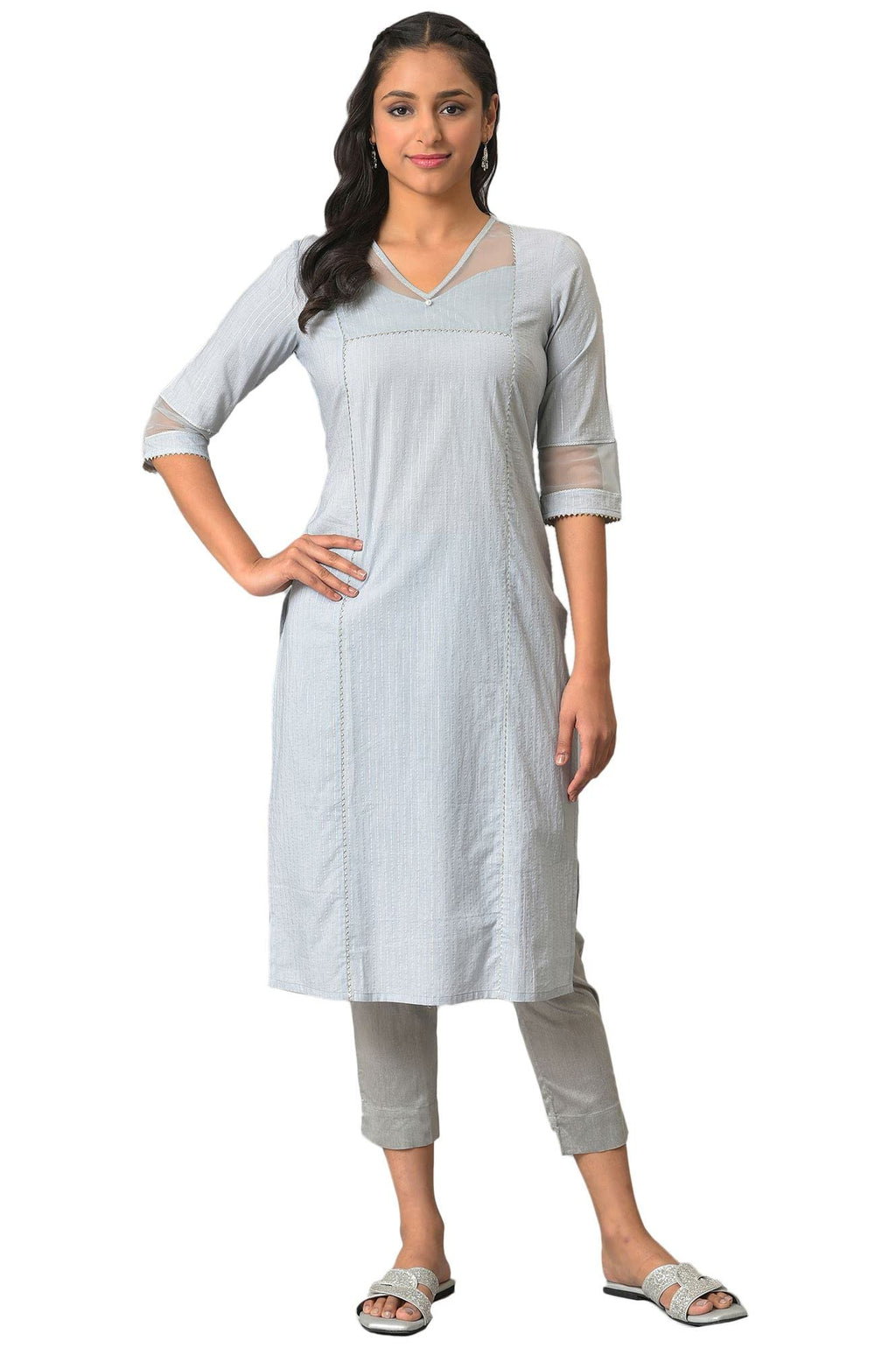 Aurelia Blue Solid Sequin Cotton Regular Kurta