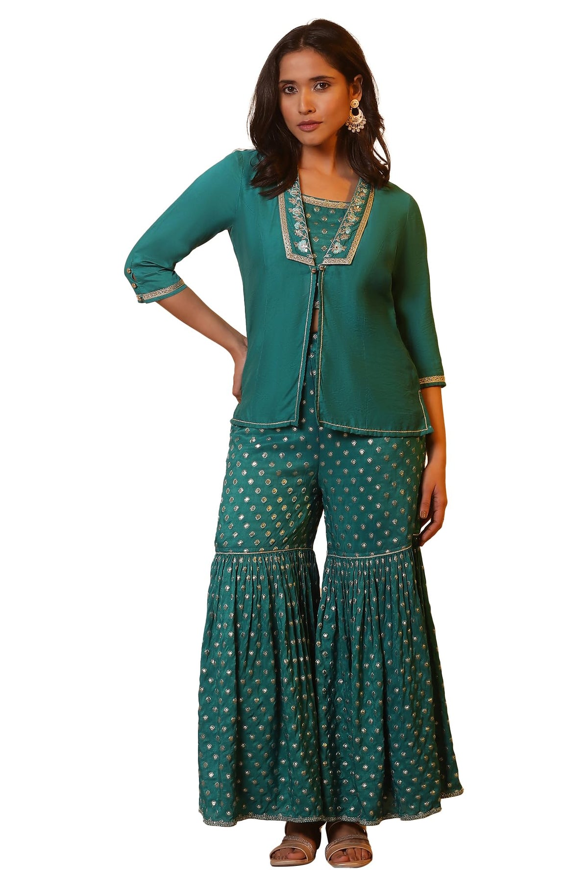 Aurelia Women Blue Polka Dots Viscose Top with Sharara & Shrug_24FED10617_S