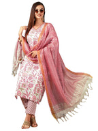 ANNI DESIGNER Women's Cotton Blend Straight Printed Kurta with Pant & Dupatta (Gojari Peach_XL_Peach_X-Large)