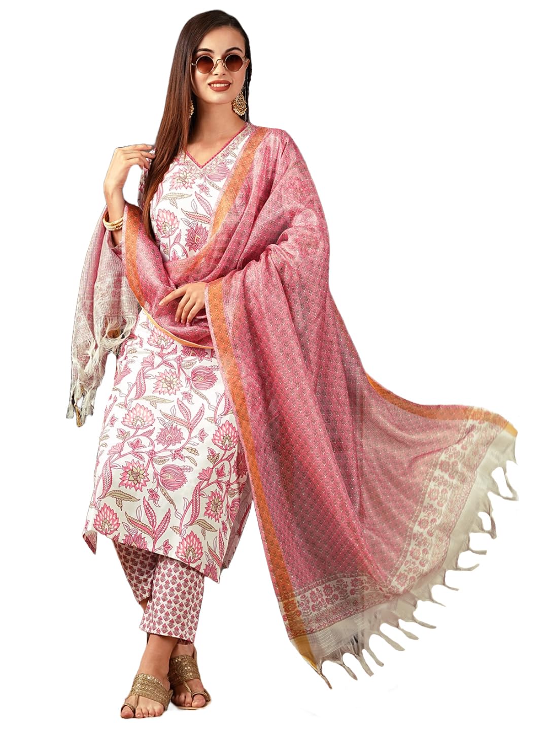 ANNI DESIGNER Women's Cotton Blend Straight Printed Kurta with Pant & Dupatta (Gojari Peach_XL_Peach_X-Large)