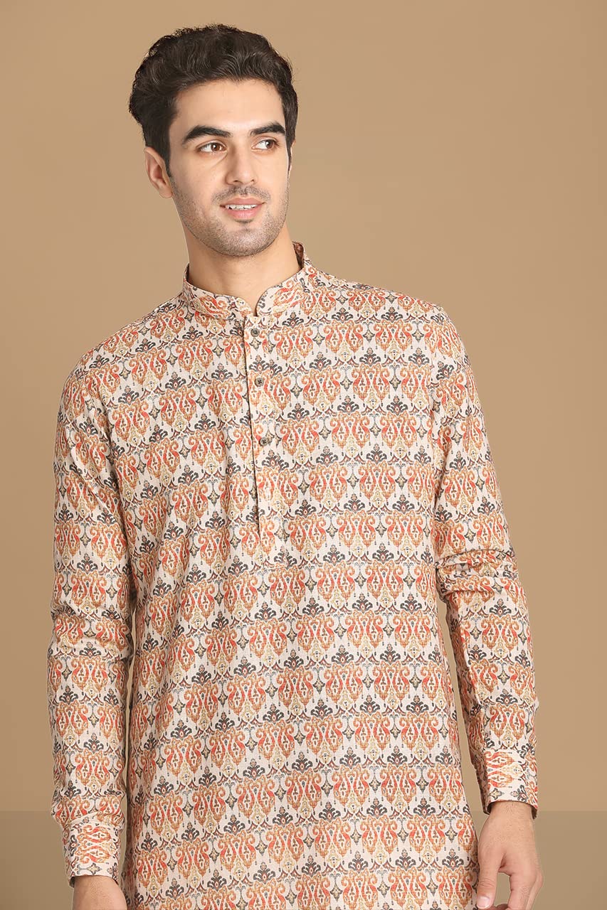 Manyavar Mens Kurta Only, Ethnic Kurta for Men, Full Sleeves Mandarin Collar Printed Blended Viscose