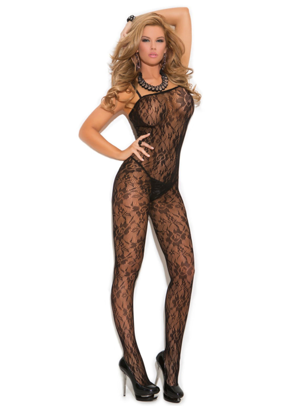 Elegant Moments Women's Rose Lace Bodystocking with Open Crotch, Black, One Size
