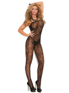Elegant Moments Women's Rose Lace Bodystocking with Open Crotch, Black, One Size