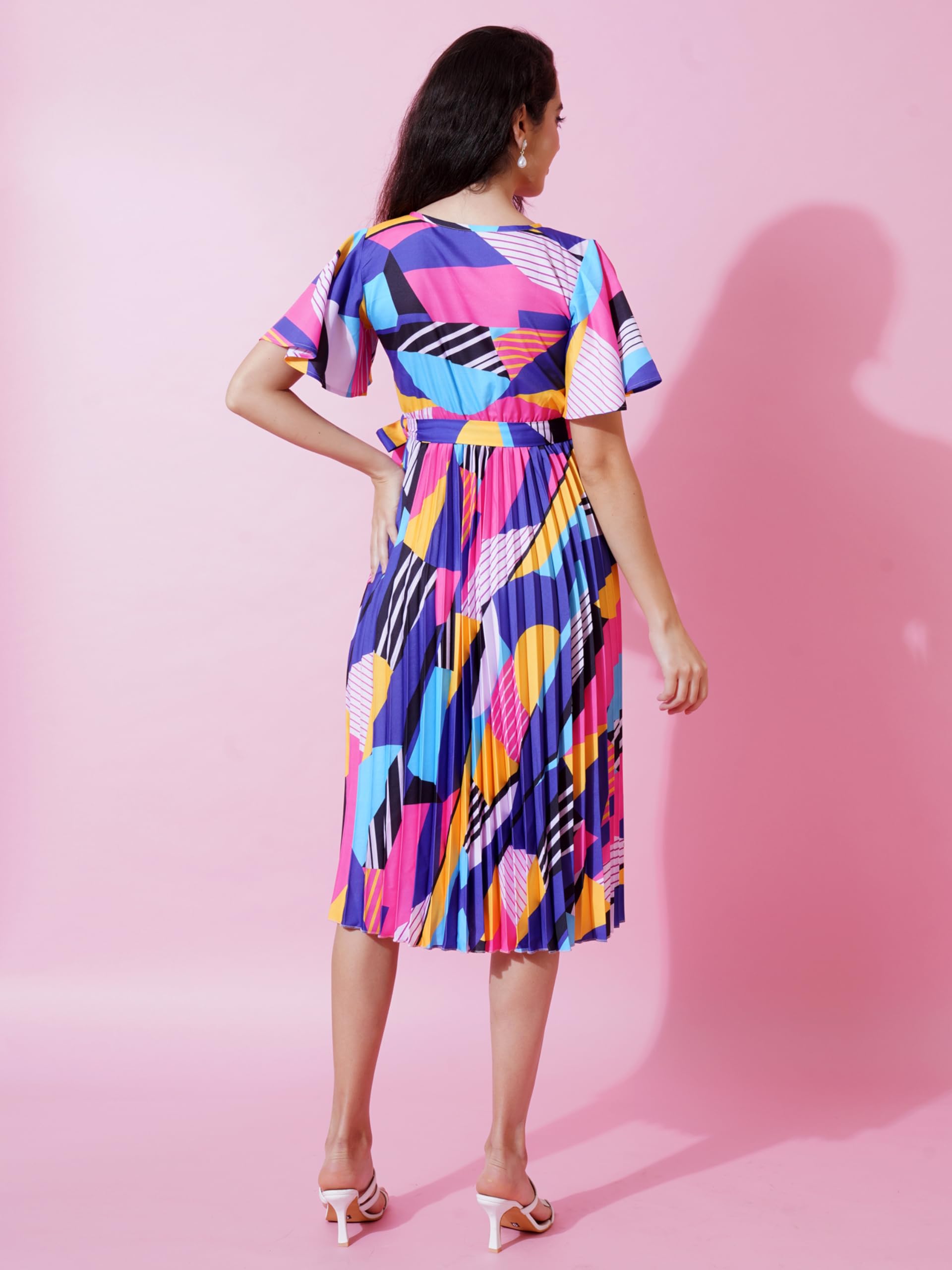 Kzully | Chic Elegance A-Line Dress For Women With Pleats, V-Neck, Printed Top, And Belt Accent Blue