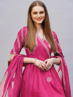 ANNI DESIGNER Women s Anarkali Printed Rayon Blend Kurta with Pants and Dupatta, Pink, XL