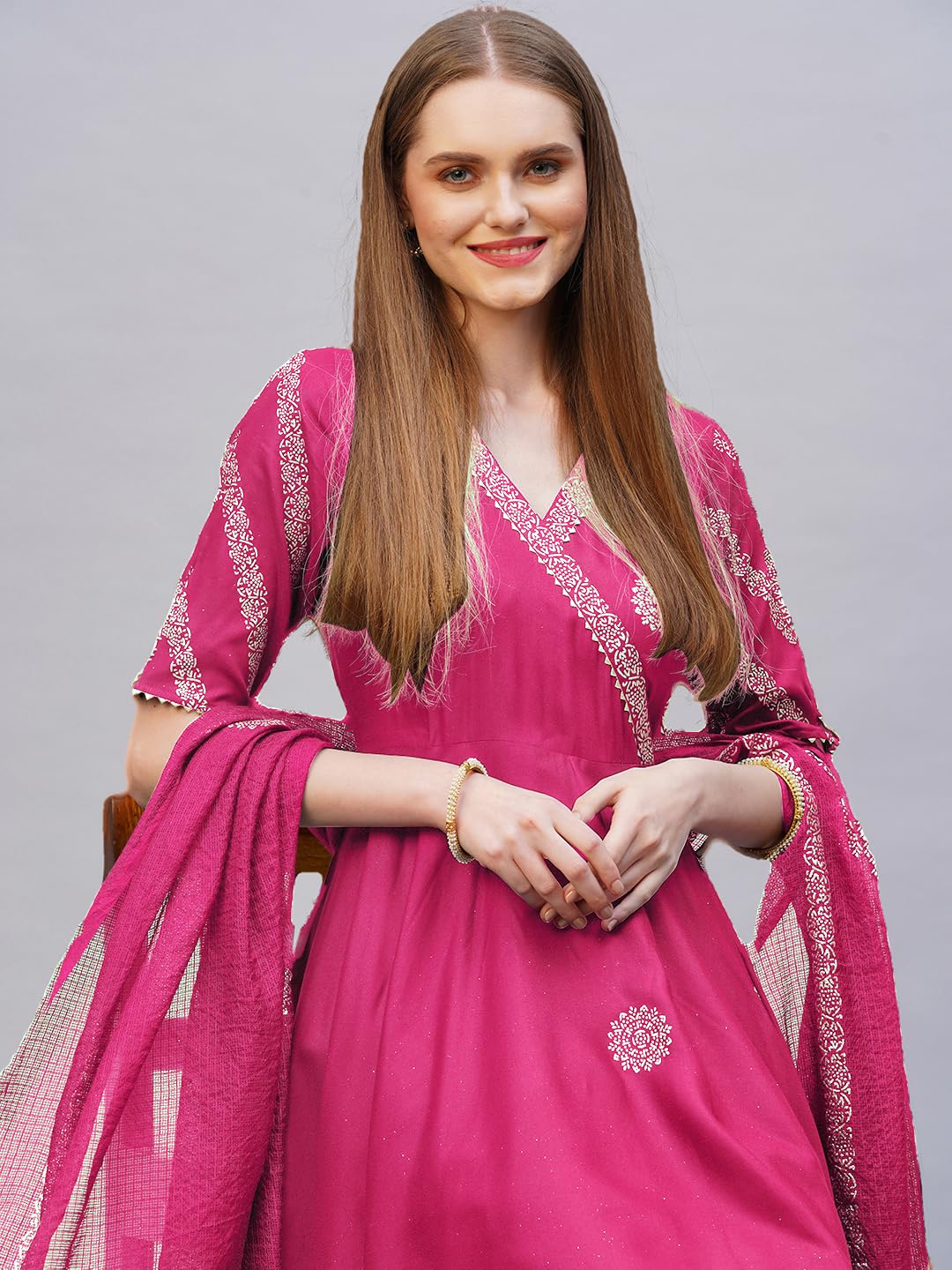 ANNI DESIGNER Women s Anarkali Printed Rayon Blend Kurta with Pants and Dupatta, Pink, XL