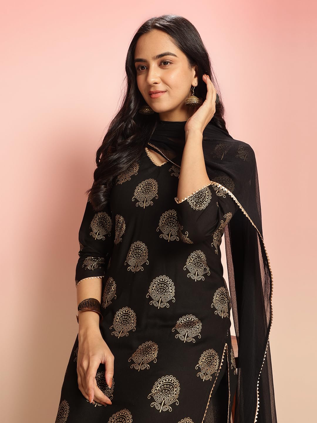 ANNI DESIGNER Women s Rayon Blend Printed Straight Kurta with Pants and Dupatta, Green, 44
