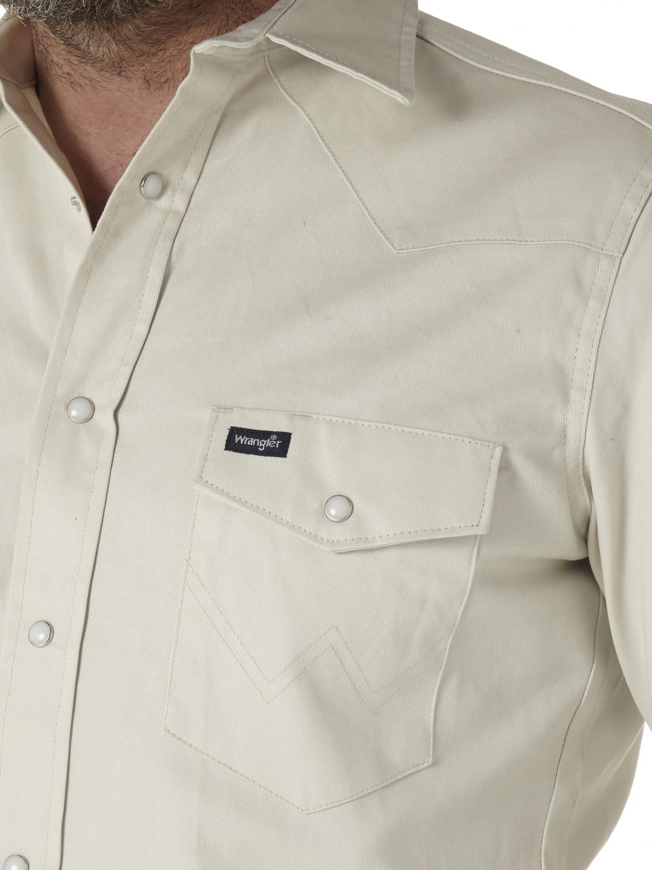 Wrangler Mens Cowboy Cut Western Two Pocket Long Sleeve Snap Work Shirt - Firm Finish - B&T,Stone,XX-Large Tall