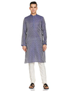 Manyavar Blue Art Silk Self Design Casual Kurta Set For Men