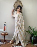 ANNI DESIGNER Womens Cotton Blend Embroidered Straight Kurta with Pant & Dupatta (MYSURU-Cream-Nw_S_Cream_Small)