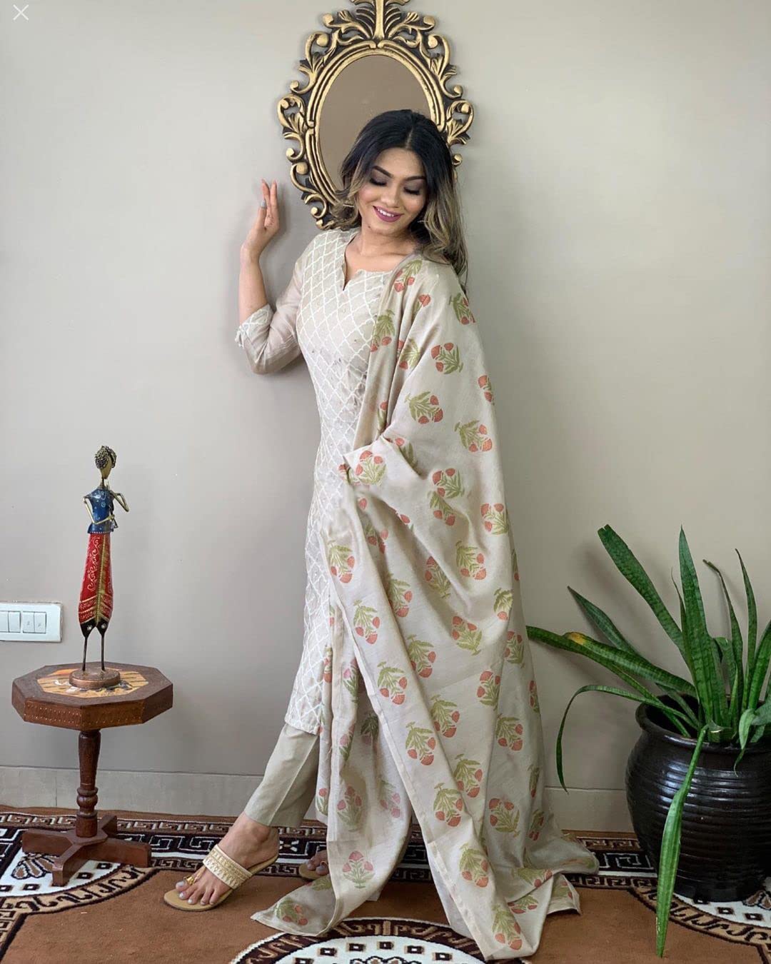 ANNI DESIGNER Womens Cotton Blend Embroidered Straight Kurta with Pant & Dupatta (MYSURU-Cream-Nw_XL_Cream_X-Large)