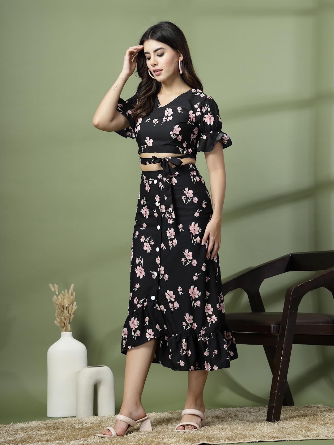 Oomph! Crepe Crop Top And Skirt Set For Women, Black - Coord_Mt895Msk203