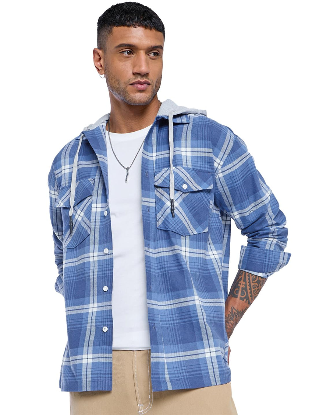 Bewakoof Mens Checked Oversized Fit Full Sleeve Hooded Cotton Twill Shirt_685445_Blue_M