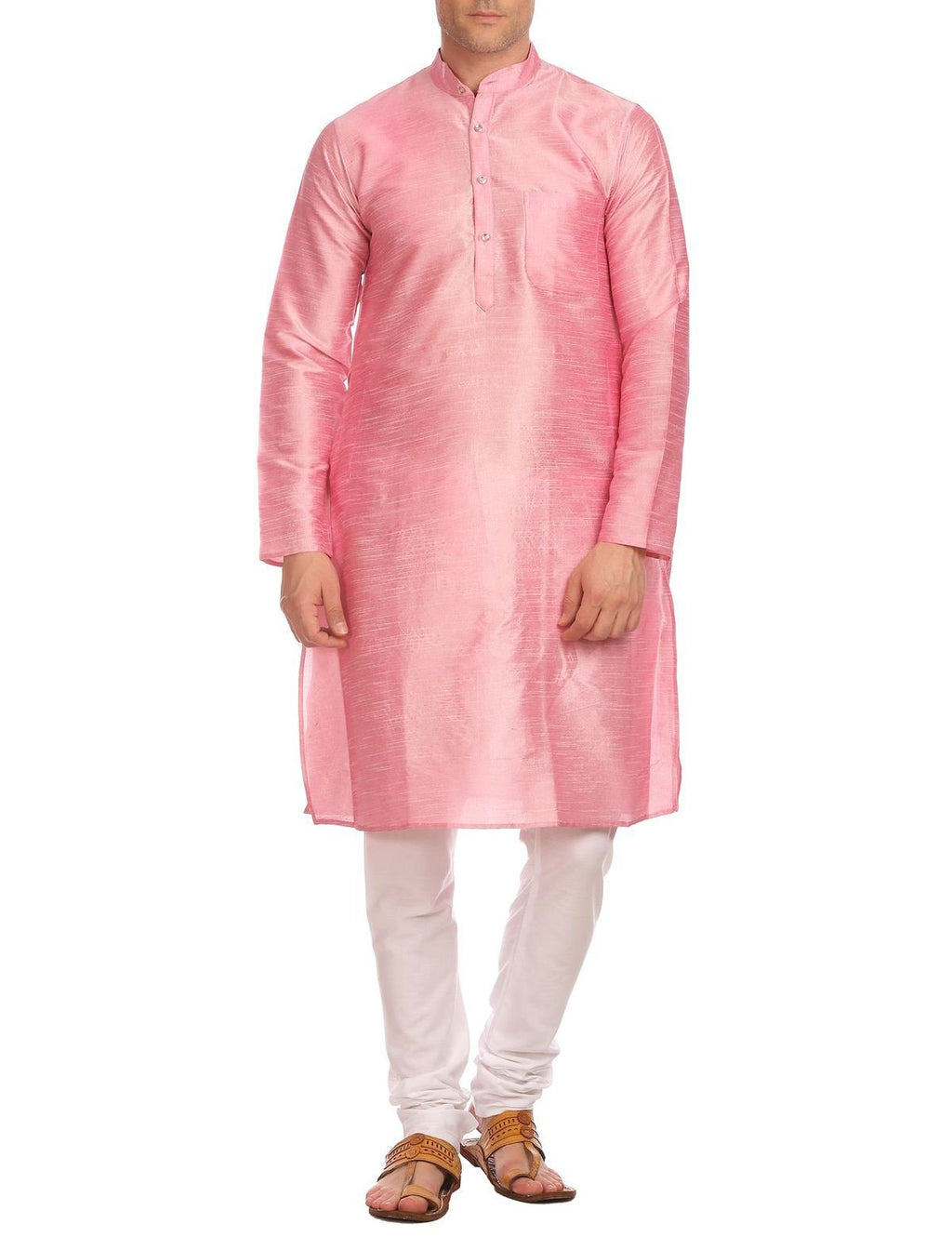 Wintage Men'S Banarasi Art Silk Bandhgala Festive And Casual Light Pink Kurta Churidar Pajama Pyjama