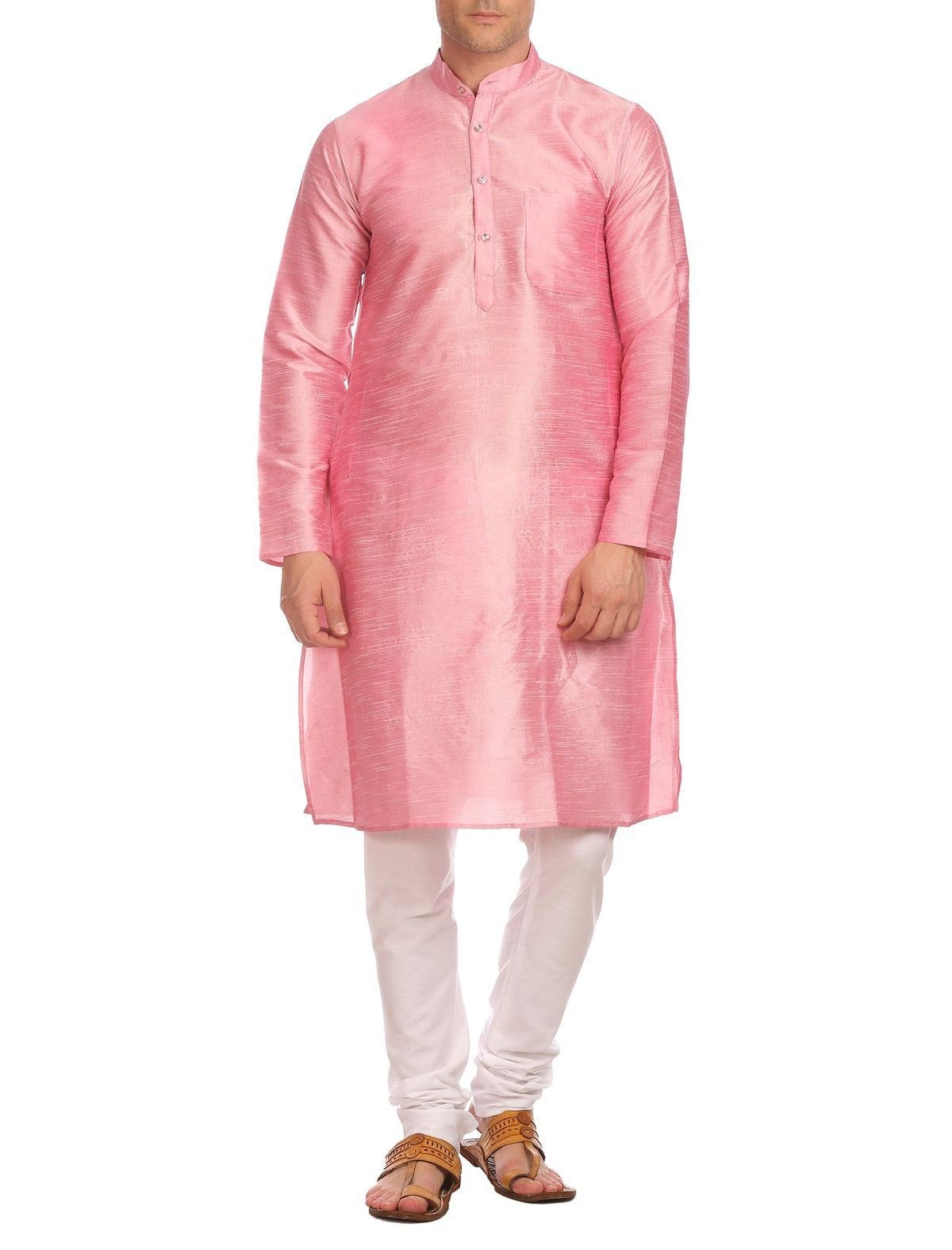 Wintage Men'S Banarasi Art Silk Bandhgala Festive And Casual Light Pink Kurta Churidar Pajama Pyjama