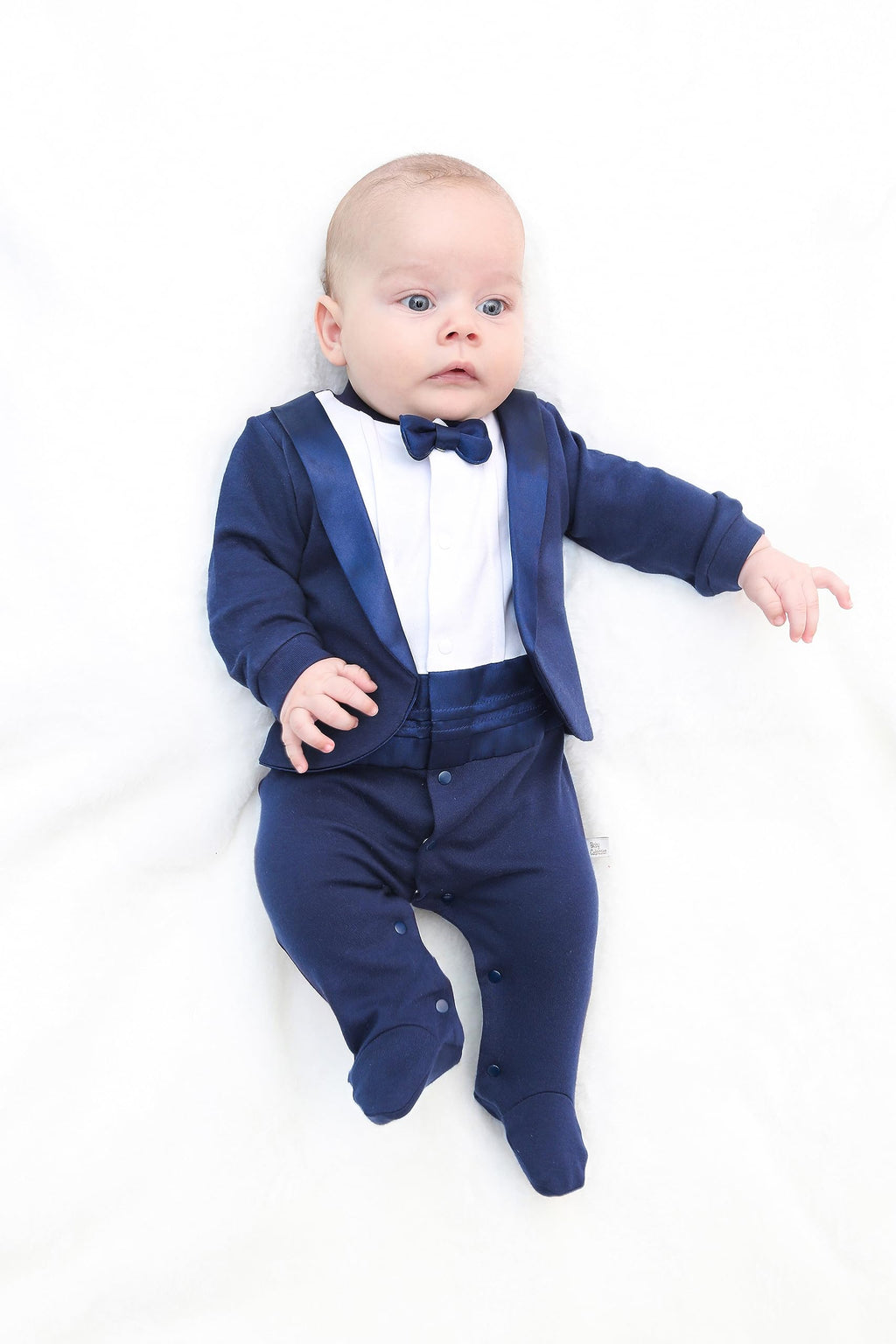 Lilax Baby Boy Gentleman Tuxedo Footie Christmas Holiday Outfit with Bow Tie Newborn Navy