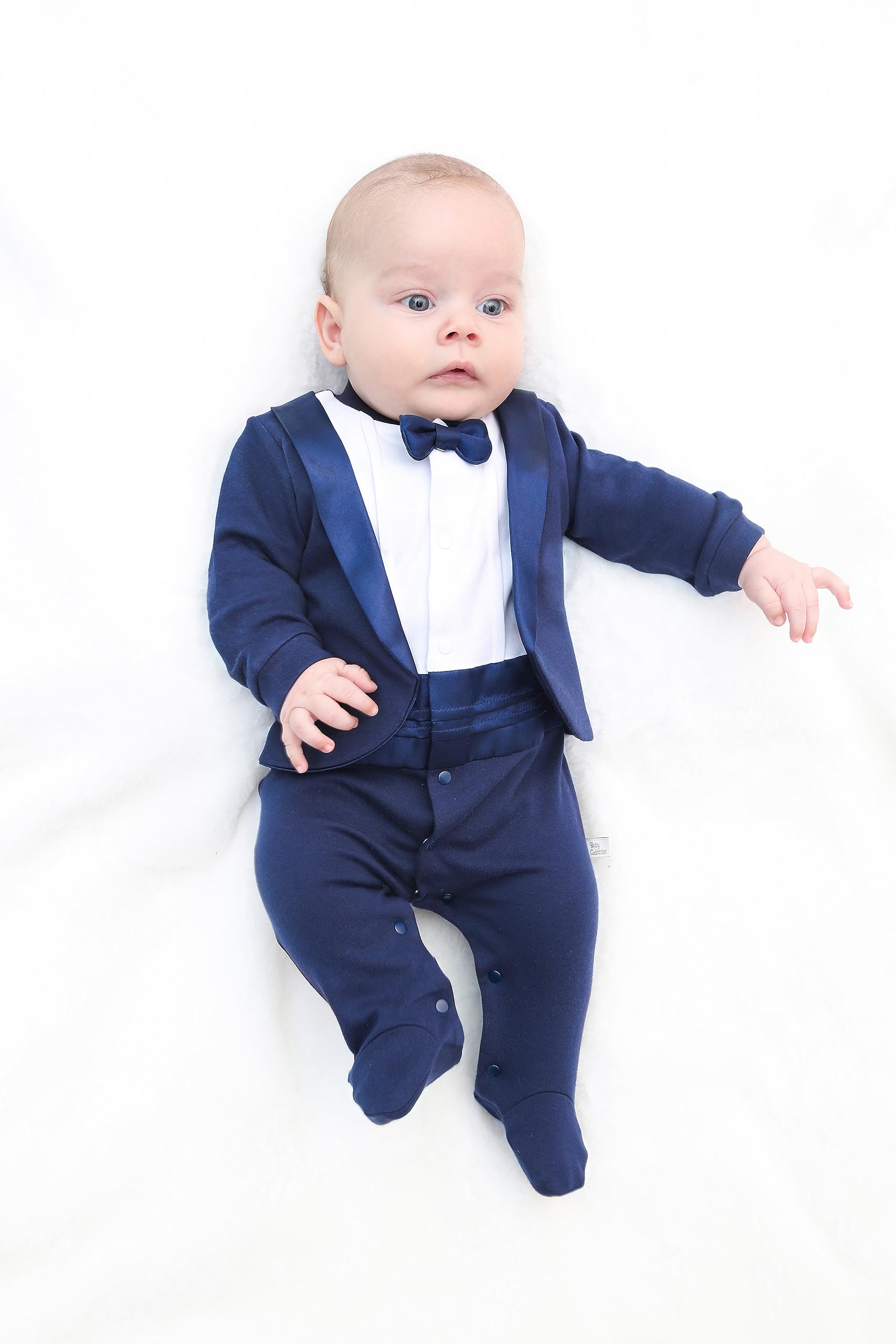 Lilax Baby Boy Gentleman Tuxedo Footie Christmas Holiday Outfit with Bow Tie Newborn Navy