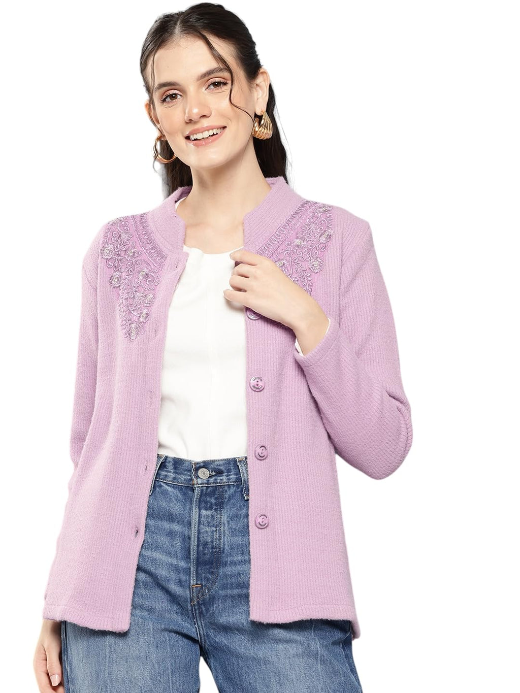 Aarika Womens Winter Wear Purple Colour Embroidery Woolen Cardigan (S-L)