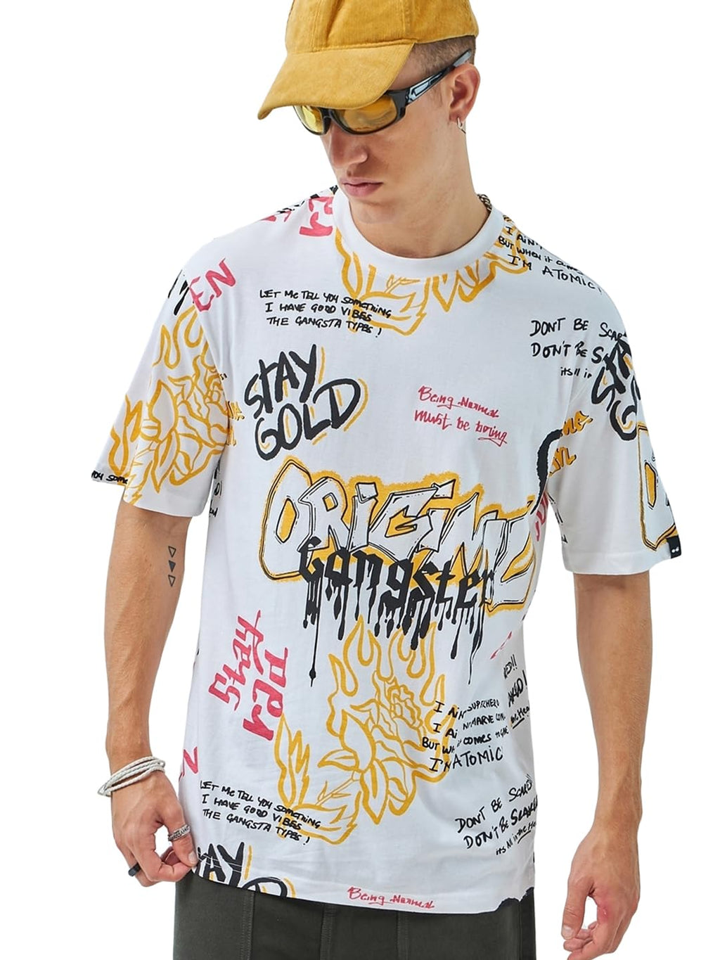 Bewakoof Mens All Over Printed Oversized Fit Half Sleeve Round Neck Cotton Jersey T-Shirt_ 616648 White M